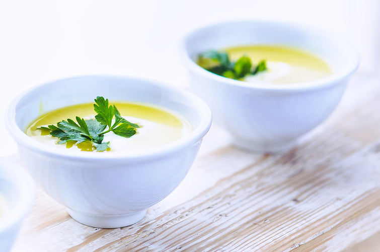 Crema di patate e porri alla Audace servita con crostini di pane alle trebbie di birra